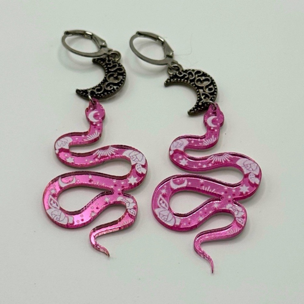 Handmade Pink Snake Crescent Moon Dangle Earrings Silver Tone Gothic Latch Back